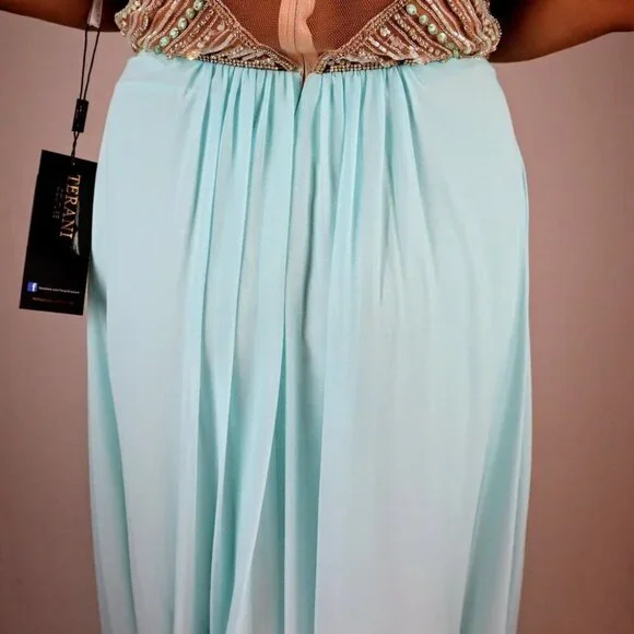 NWT Terani Couture Strapless Blue Gold Jeweled Formal Gown $495